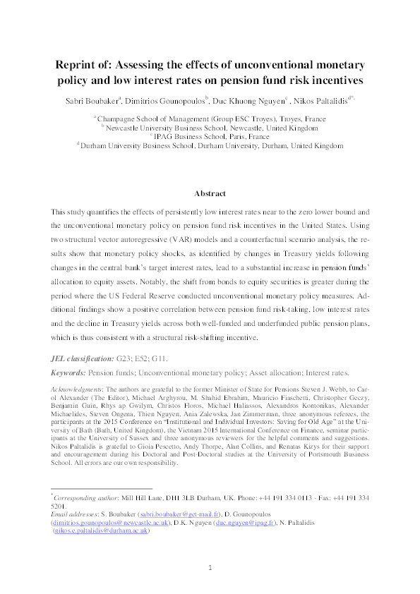 Reprint of: Assessing the effects of unconventional monetary policy and low interest rates on pension fund risk incentives Thumbnail