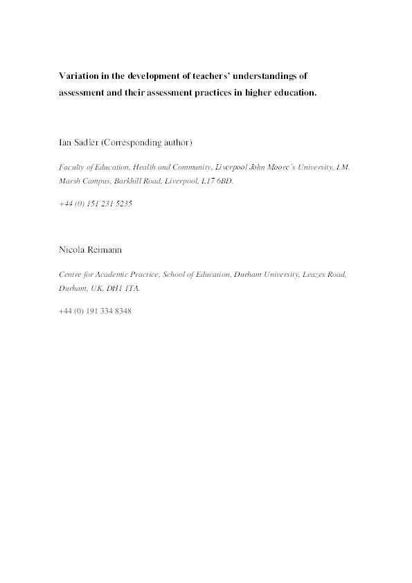 Variation in the development of teachers’ understandings of assessment and their assessment practices in higher education Thumbnail