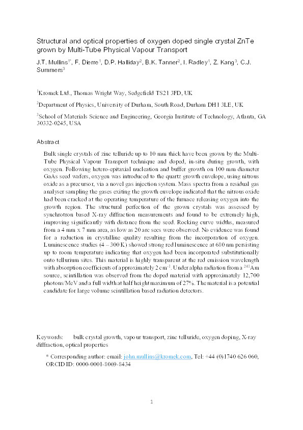 Structural and optical properties of oxygen doped single crystal ZnTe grown by multi-tube physical vapour transport Thumbnail