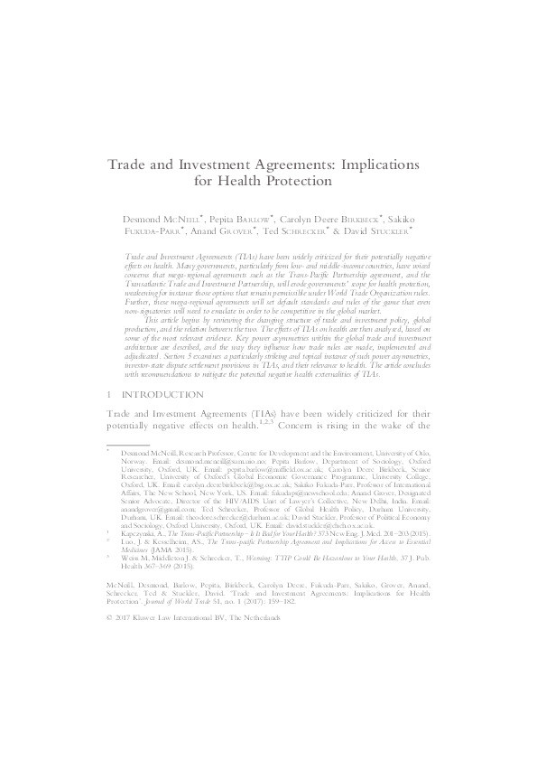 Trade and Investment Agreements: Implications for Health Protection Thumbnail