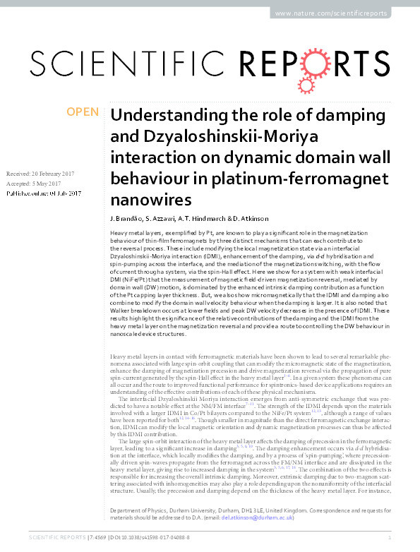 Understanding the role of damping and Dzyaloshinskii-Moriya interaction on dynamic domain wall behaviour in platinum-ferromagnet nanowires Thumbnail