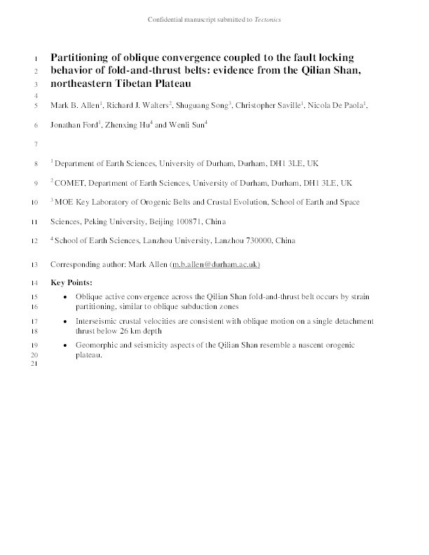 Partitioning of oblique convergence coupled to the fault locking behavior of fold-and-thrust belts: evidence from the Qilian Shan, northeastern Tibetan Plateau Thumbnail