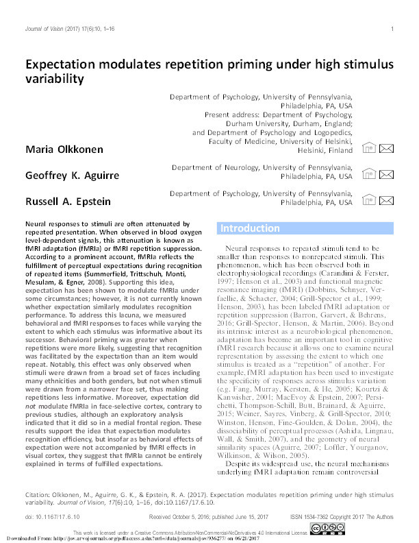 Expectation modulates repetition priming under high stimulus variability Thumbnail