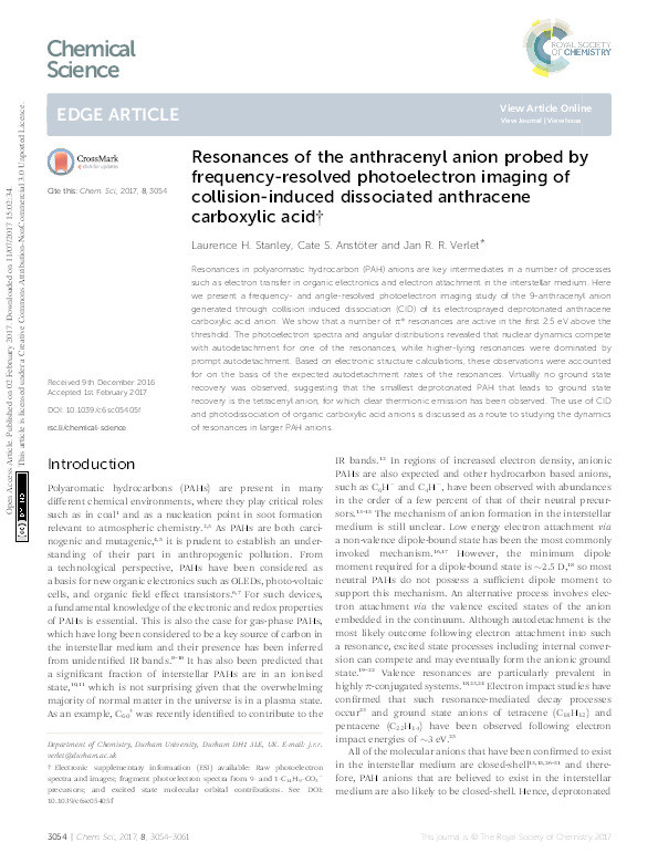 Resonances of the anthracenyl anion probed by frequency-resolved photoelectron imaging of collision-induced dissociated anthracene carboxylic acid Thumbnail