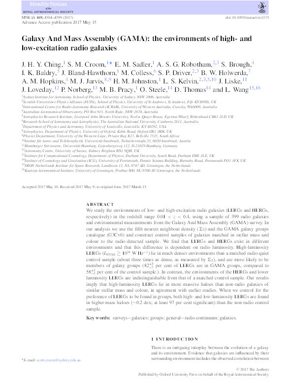 Galaxy And Mass Assembly (GAMA): the environments of high- and low-excitation radio galaxies Thumbnail