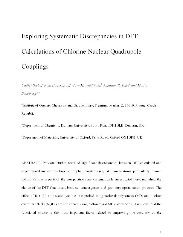 Exploring Systematic Discrepancies in DFT Calculations of Chlorine Nuclear Quadrupole Couplings Thumbnail