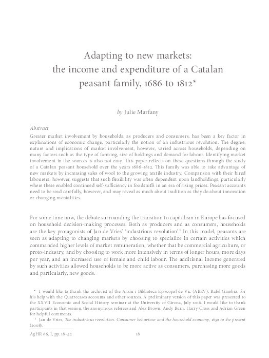 Adapting to new markets: the income and expenditure of a Catalan peasant family, 1686 to 1812 Thumbnail