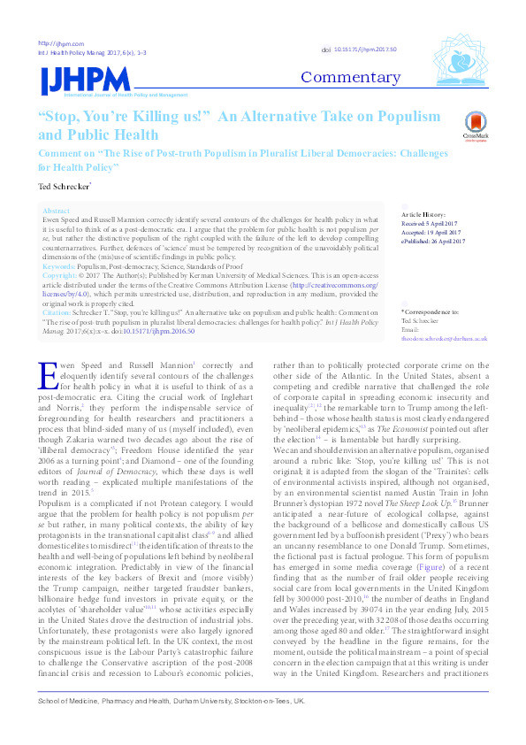 “Stop, You’re Killing us!” An Alternative Take on Populism and Public Health; Comment on “The Rise of Post-truth Populism in Pluralist Liberal Democracies: Challenges for Health Policy” Thumbnail
