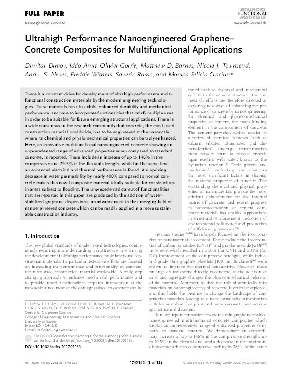 Ultrahigh Performance Nanoengineered Graphene-Concrete Composites for Multifunctional Applications Thumbnail