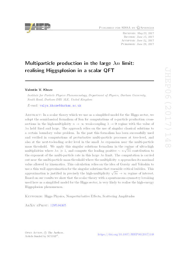 Multiparticle production in the large λn limit: realising Higgsplosion in a scalar QFT Thumbnail