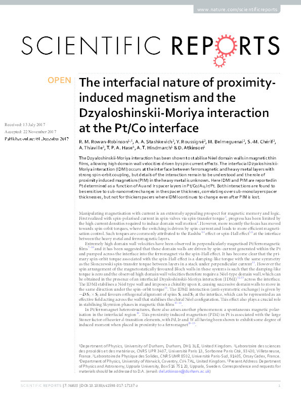 The interfacial nature of proximity-induced magnetism and the Dzyaloshinskii-Moriya interaction at the Pt/Co interface Thumbnail