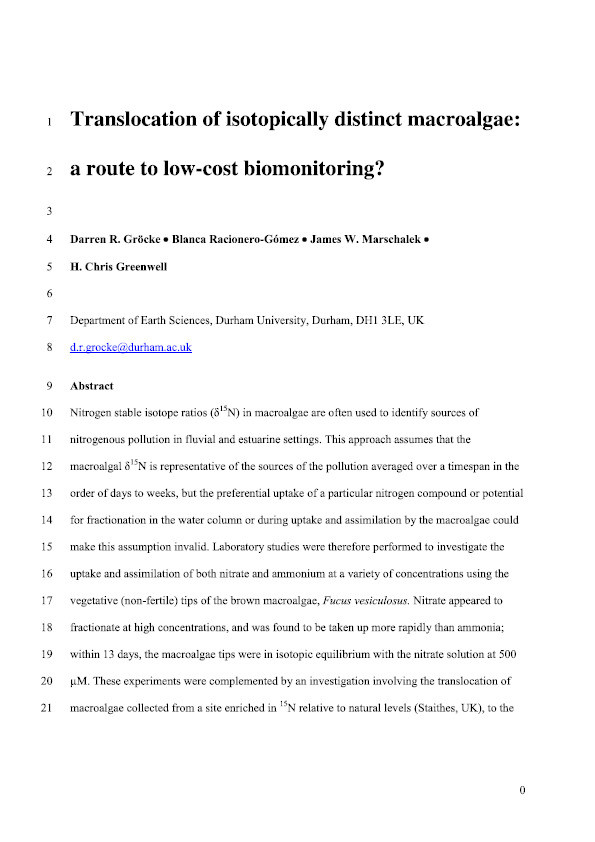 Translocation of isotopically distinct macroalgae: a route to low-cost biomonitoring? Thumbnail