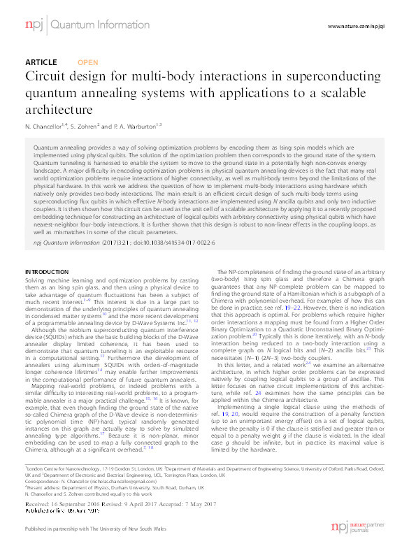 Circuit design for multi-body interactions in superconducting quantum annealing systems with applications to a scalable architecture Thumbnail