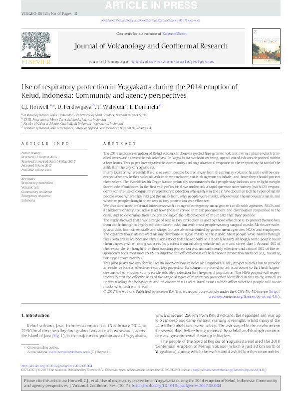 Use of respiratory protection in Yogyakarta during the 2014 eruption of Kelud, Indonesia: Community and agency perspectives Thumbnail