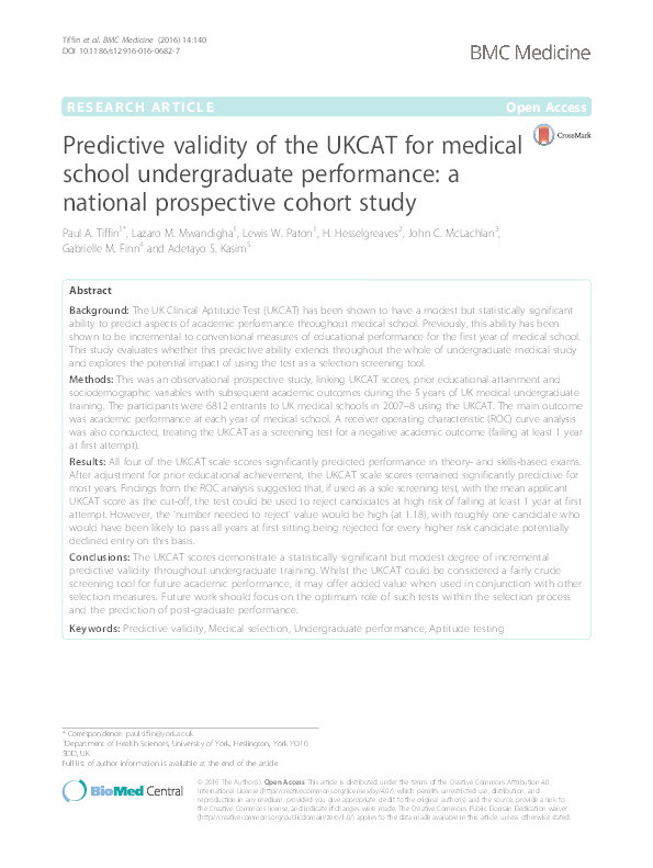 Predictive validity of the UKCAT for medical school undergraduate performance: a national prospective cohort study Thumbnail