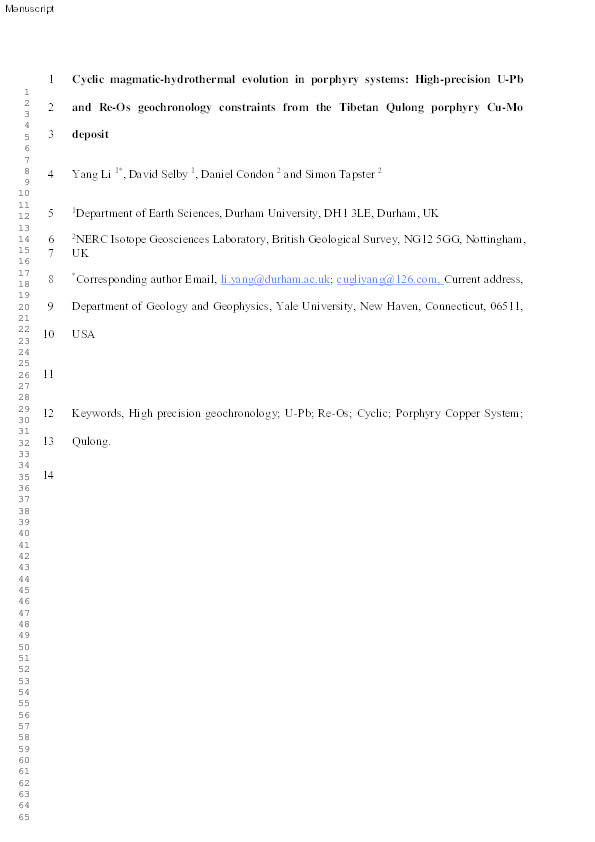 Cyclic magmatic-hydrothermal evolution in porphyry systems: High-precision U-Pb and Re-Os geochronology constraints from the Tibetan Qulong porphyry Cu-Mo deposit Thumbnail