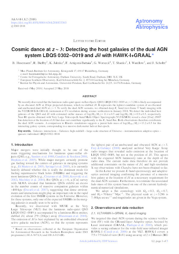 Cosmic dance at z ~ 3: Detecting the host galaxies of the dual AGN system LBQS 0302–0019 and Jil with HAWK-I+GRAAL Thumbnail