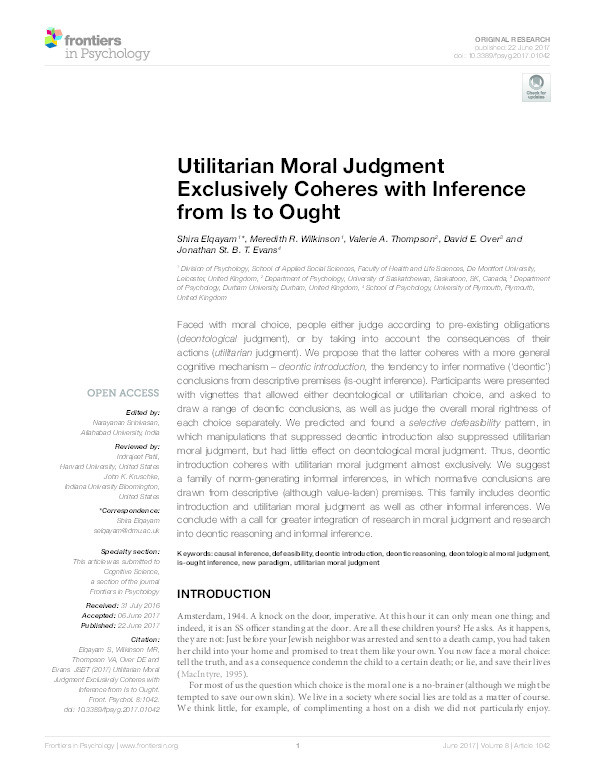 Utilitarian Moral Judgment Exclusively Coheres with Inference from Is to Ought Thumbnail
