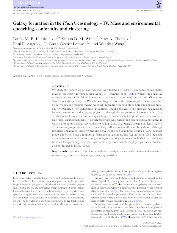 Galaxy formation in the Planck cosmology – IV. Mass and environmental quenching, conformity and clustering Thumbnail