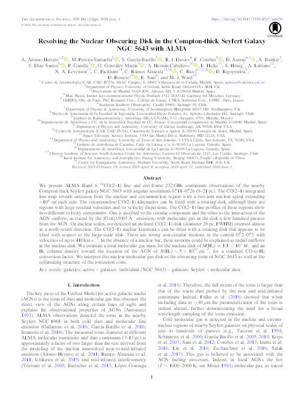 Resolving the Nuclear Obscuring Disk in the Compton-thick Seyfert Galaxy NGC 5643 with ALMA Thumbnail