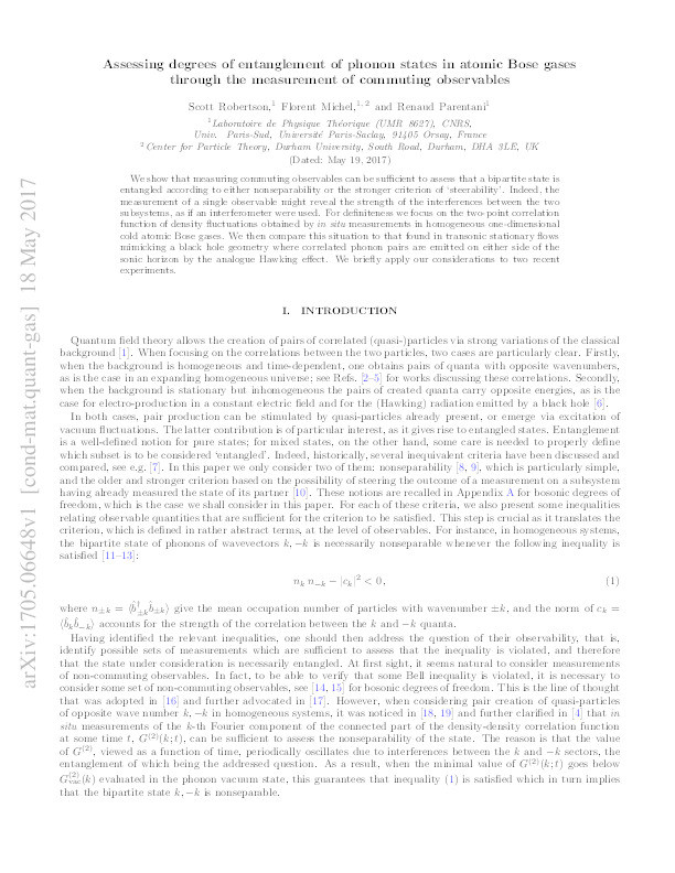 Assessing degrees of entanglement of phonon states in atomic Bose gases through the measurement of commuting observables Thumbnail