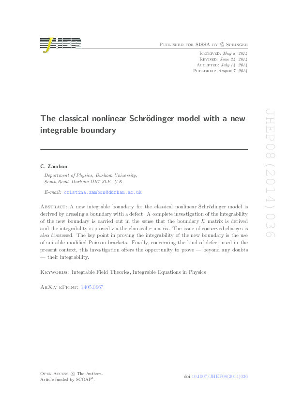The classical nonlinear Schrödinger model with a new integrable boundary Thumbnail