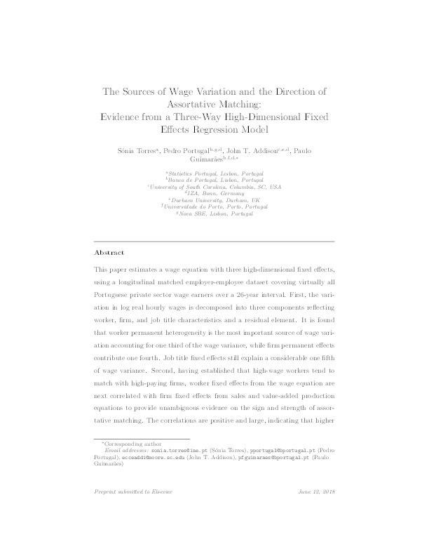 The Sources of Wage Variation and the Direction of Assortative Matching: Evidence from a Three-Way High-Dimensional Fixed effects Regression Model Thumbnail