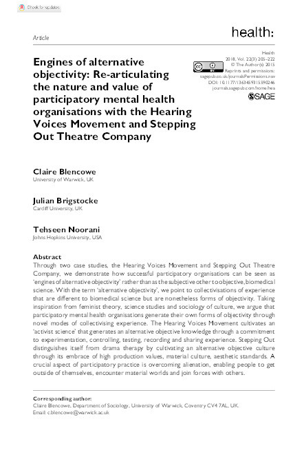Engines of alternative objectivity: Re-articulating the nature and value of participatory mental health organisations with the Hearing Voices Movement and Stepping Out Theatre Company Thumbnail