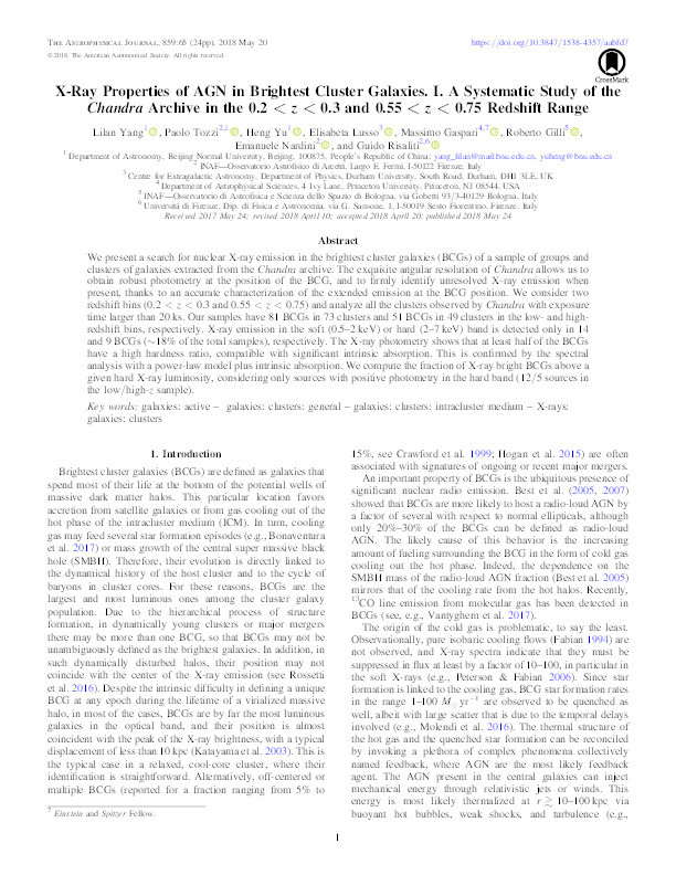 X-Ray Properties of AGN in Brightest Cluster Galaxies. I. A Systematic Study of the Chandra Archive in the 0.2 < z < 0.3 and 0.55 < z < 0.75 Redshift Range Thumbnail