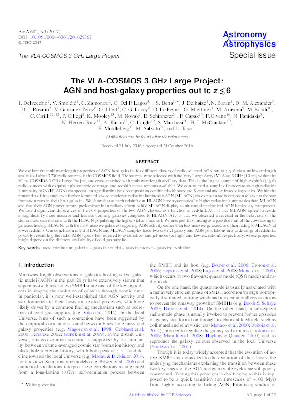 The VLA-COSMOS 3 GHz Large Project: AGN and host-galaxy properties out to z ≲ 6 Thumbnail