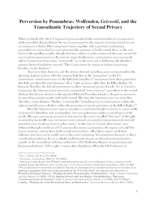 Perversion by Penumbras: Wolfenden, Griswold, and the Transatlantic Trajectory of Sexual Privacy Thumbnail