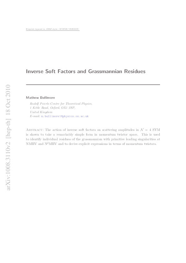 Inverse soft factors and grassmannian residues Thumbnail