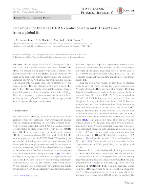 The impact of the final HERA combined data on PDFs obtained from a global fit Thumbnail