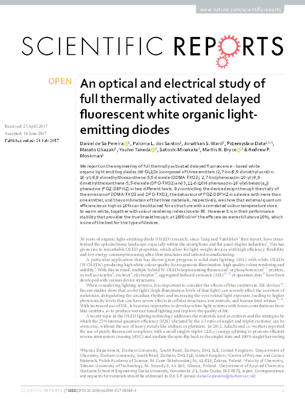 An optical and electrical study of full thermally activated delayed fluorescent white organic light emitting diodes Thumbnail