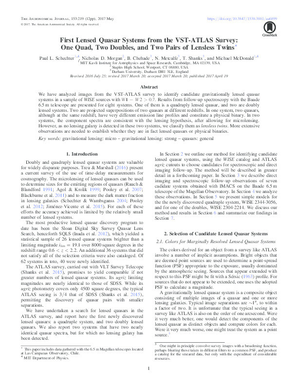 First Lensed Quasar Systems from the VST-ATLAS Survey: One Quad, Two Doubles, and Two Pairs of Lensless Twins Thumbnail