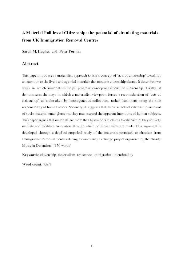 A Material Politics of Citizenship: the potential of circulating materials from UK Immigration Removal Centres Thumbnail