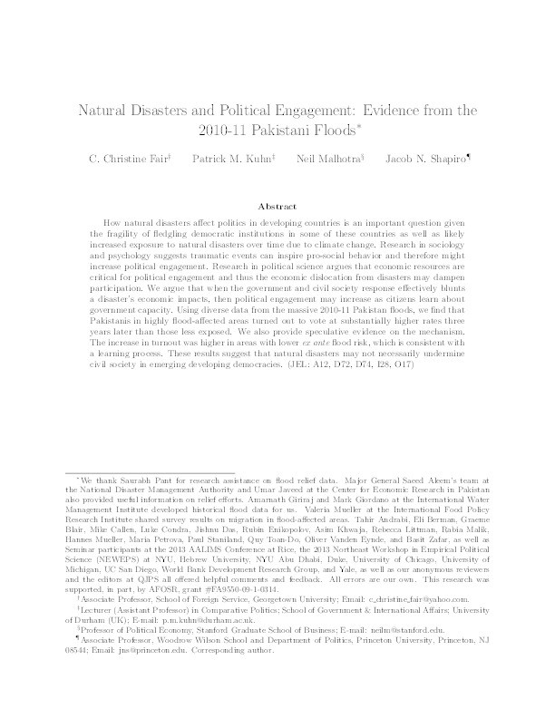 Natural Disasters and Political Engagement: Evidence from the 2010–11 Pakistani Floods Thumbnail