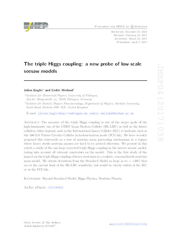 The triple Higgs coupling: a new probe of low-scale seesaw models Thumbnail