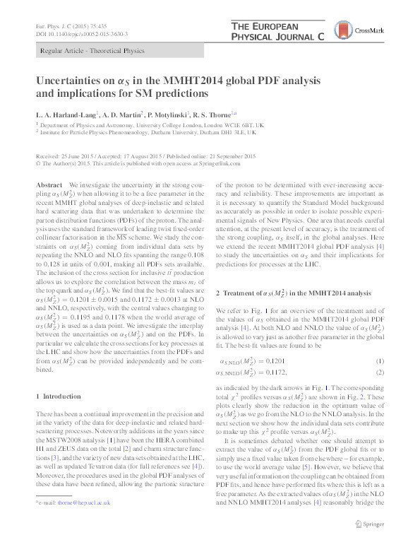 Uncertainties on αSαS in the MMHT2014 global PDF analysis and implications for SM predictions Thumbnail