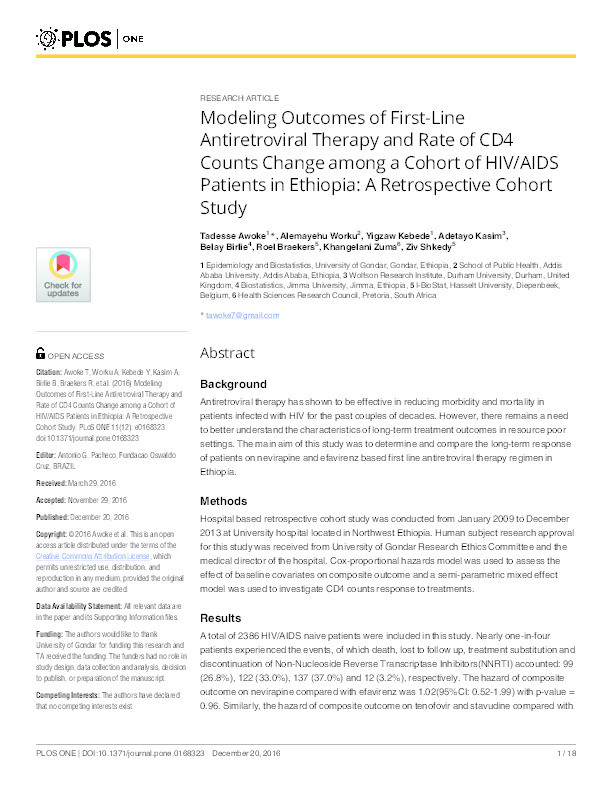 Modeling outcomes of first-Line antiretroviral therapy and rate of CD4 counts change among a cohort of HIV/AIDS patients in Ethiopia: A retrospective cohort study Thumbnail