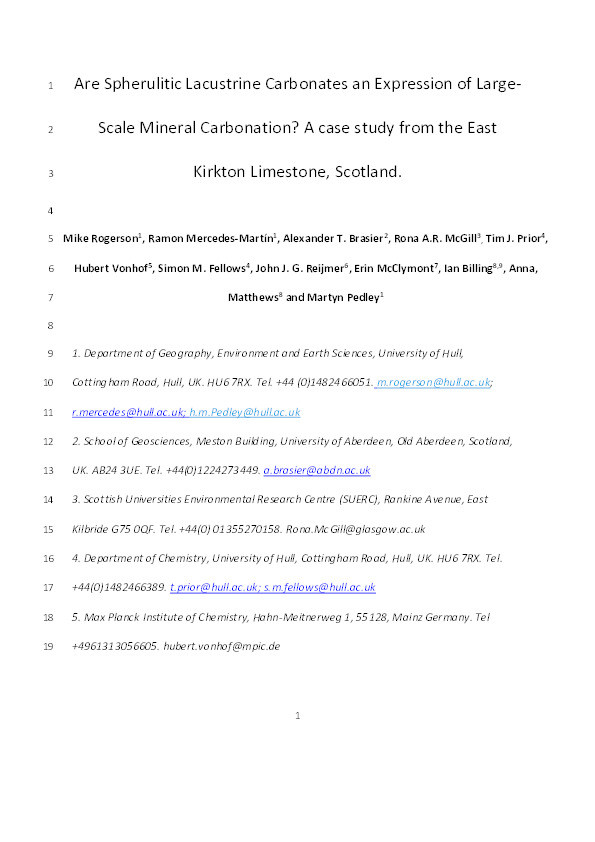 Are spherulitic lacustrine carbonates an expression of large-scale mineral carbonation? A case study from the East Kirkton Limestone, Scotland Thumbnail