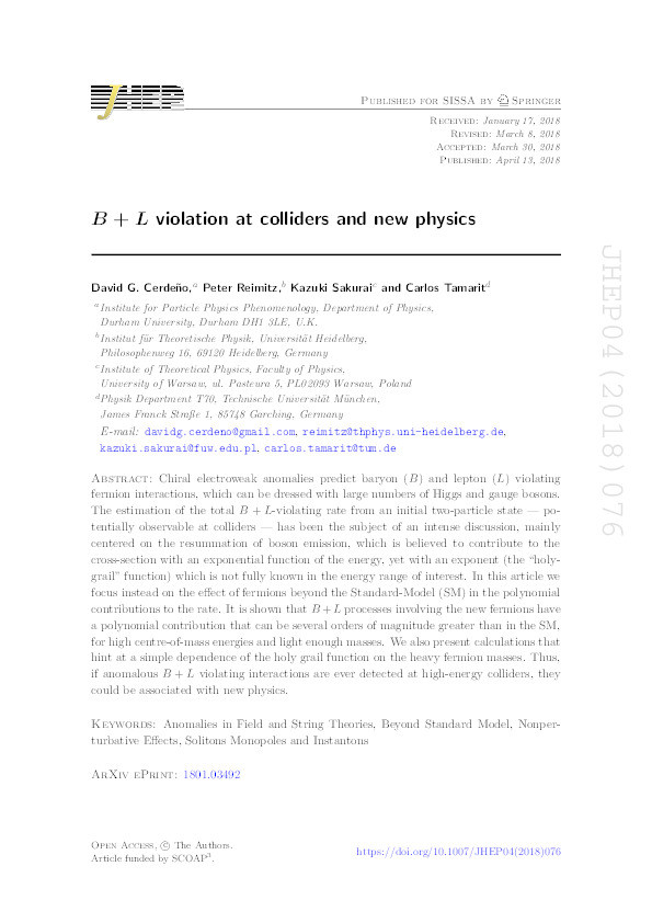 B+L violation at colliders and new physics Thumbnail