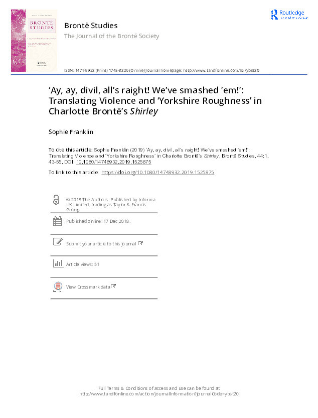 “Ay, ay, divil, all’s raight! We’ve smashed ’em!”: Translating Violence and 'Yorkshire Roughness' in Charlotte Brontë’s Shirley Thumbnail