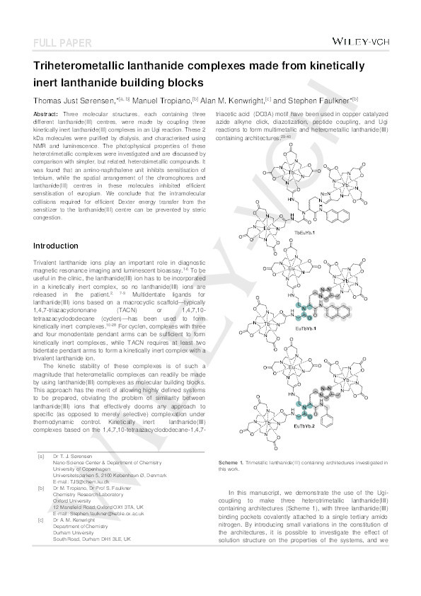 Triheterometallic Lanthanide Complexes Prepared from Kinetically Inert Lanthanide Building Blocks Thumbnail