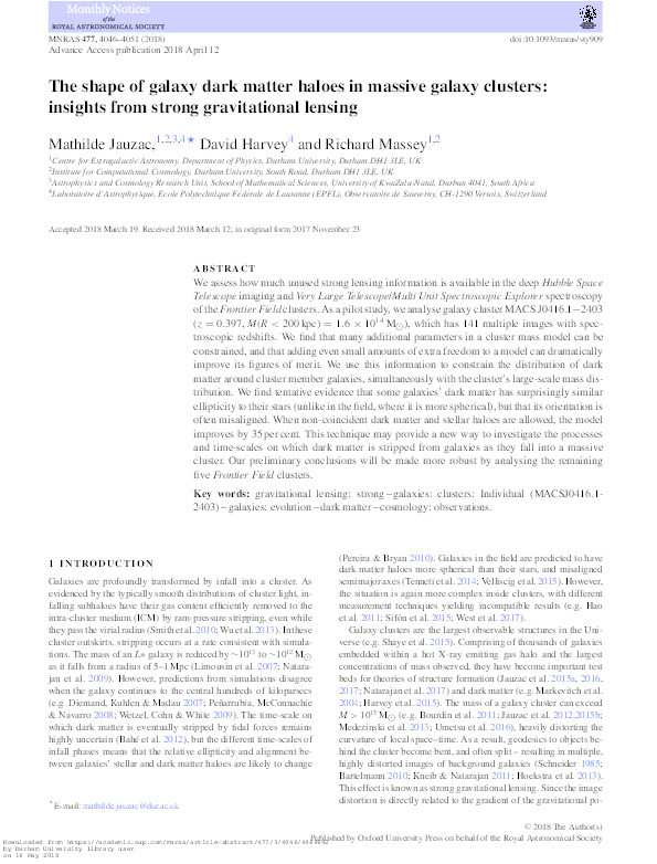 The shape of galaxy dark matter halos in massive galaxy clusters: Insights from strong gravitational lensing Thumbnail