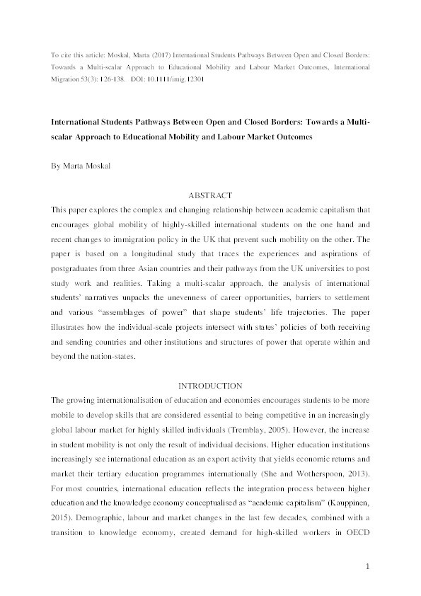 International students pathways between open and closed borders: towards a multi-scalar approach to educational mobility and labour market outcomes Thumbnail
