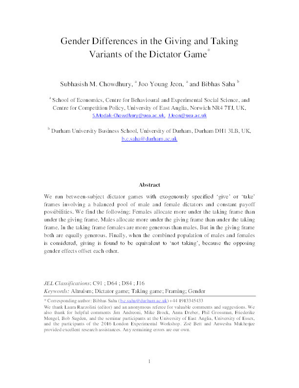 Gender Differences in the Giving and Taking Variants of the Dictator Game Thumbnail