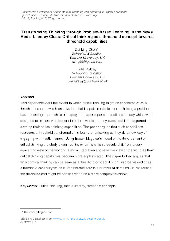 Transforming Thinking through Problem-based Learning in the News Media Literacy Class: Critical thinking as a threshold concept towards threshold capabilities Thumbnail
