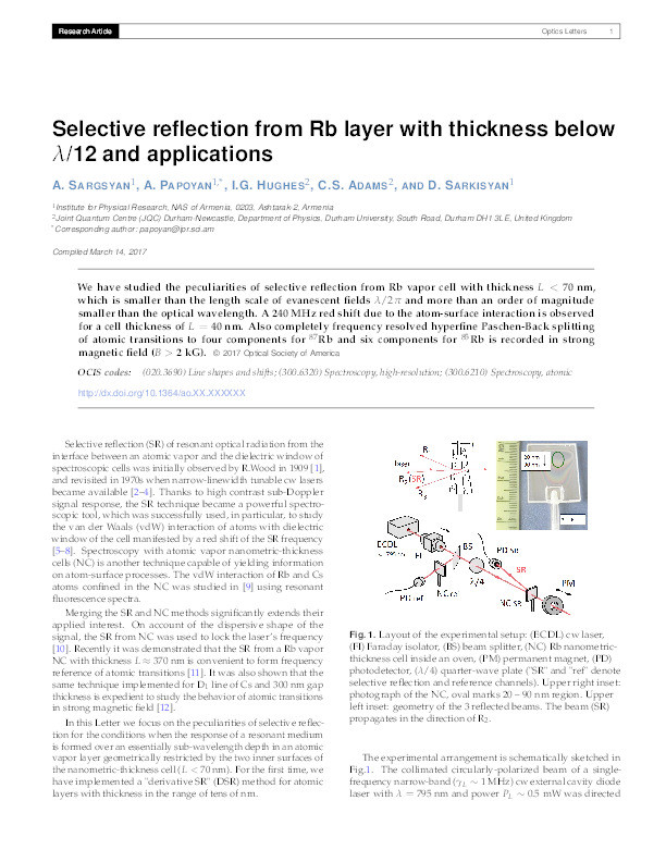 Selective reflection from an Rb layer with a thickness below λ/12 and applications Thumbnail
