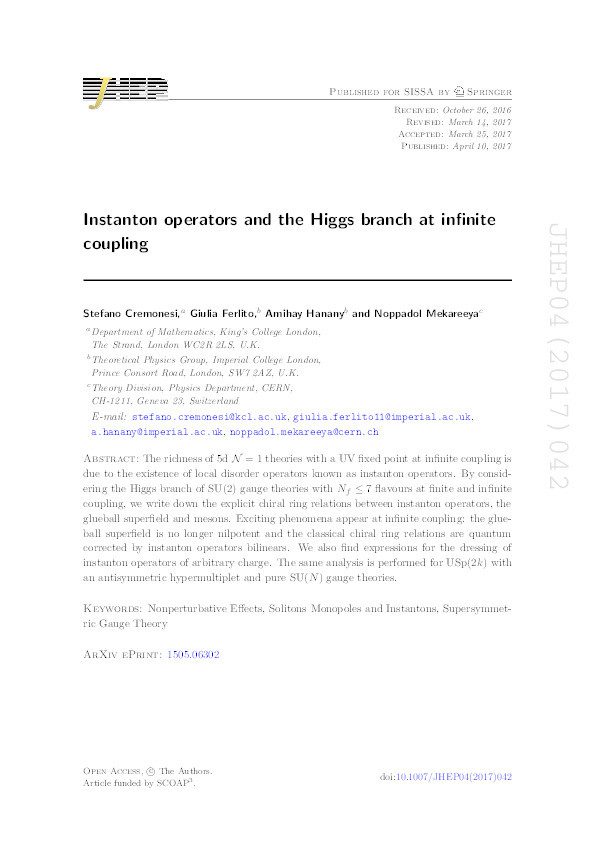 Instanton operators and the Higgs branch at infinite coupling Thumbnail